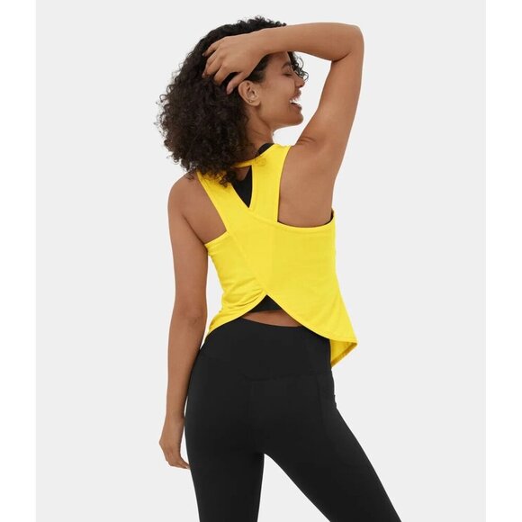 NEW Halara Cut Out Asymmetric Hem Sheer Casual Tank Top Yellow Womens Small - Picture 1 of 9